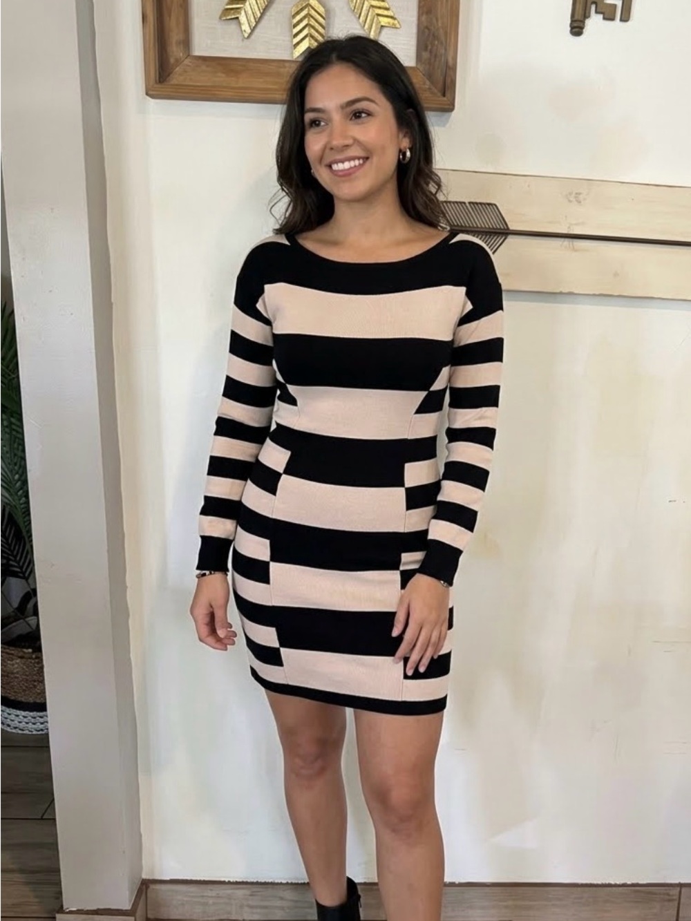 Say What? Striped Long-Sleeve Mini Dress in Black & Cream